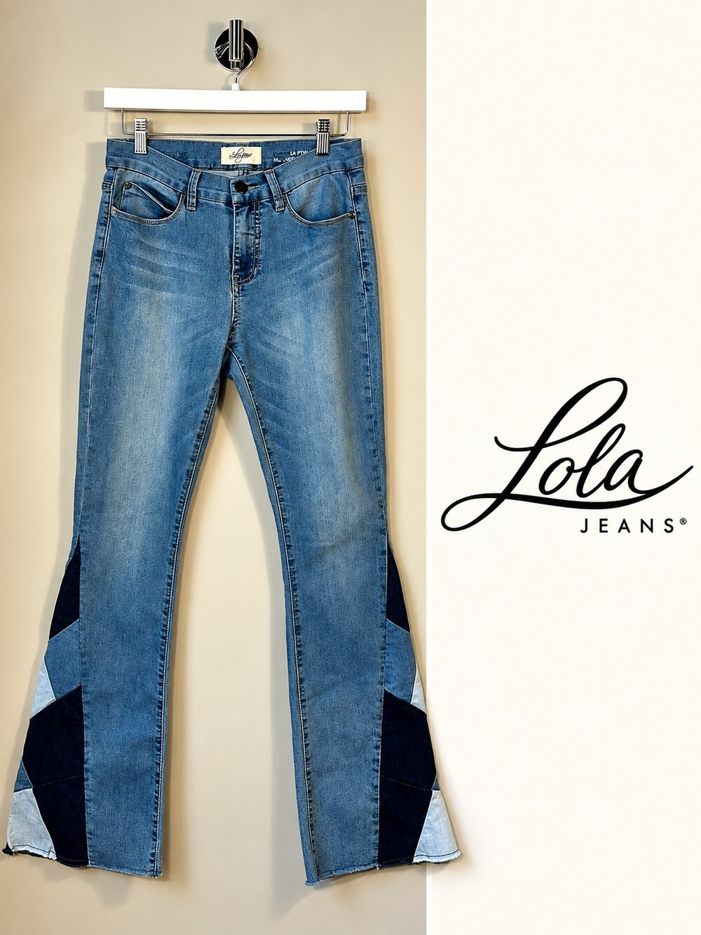 Lola Jeans Cynthia Patchwork Flare Jeans Size 4 Light Wash Stretch Denim